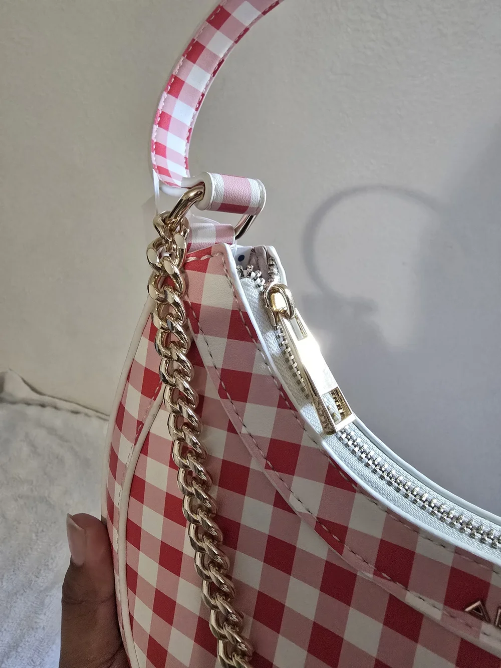 Aldo Red and White Gingham Crescent Shoulder Bag with Gold Chain